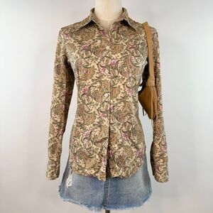 Vintage Button Up Tan Paisley Long Sleeve Collared Shirt Western Cowgirl Size 8